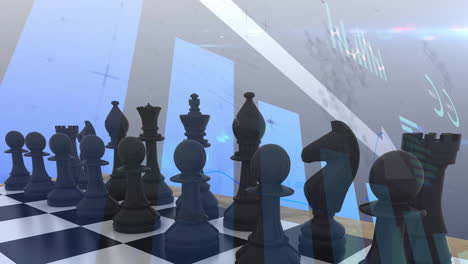 Animation-of-chess-pieces-over-graphs-and-charts-processing-data-on-grey-background