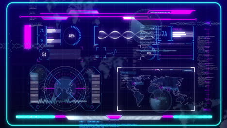 Animation-Des-DNA-Strangs-Und-Der-Datenverarbeitung-über-Bildschirmen-Auf-Dunklem-Hintergrund