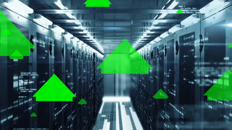 Animation-of-green-arrows-and-data-processing-over-computer-servers