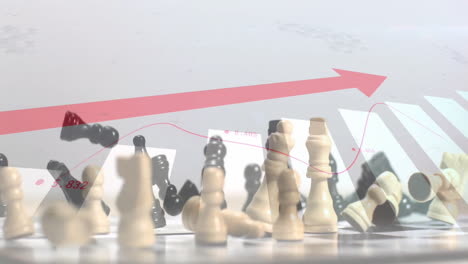 Animation-of-upward-arrow,-graph-and-processing-data-over-chess-pieces-falling-on-board