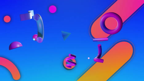 Animation-of-rotating-purple-and-blue-3d-shapes-over-orange-and-pink-capsules-and-circles-on-blue