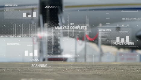 Animation-of-analysis-complete-text-and-processing-data-over-aeroplane-on-runway