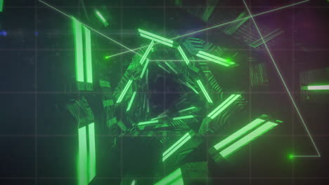 Animation-Einer-Leuchtend-Grünen-Spirale-über-Gittern-Auf-Schwarzem-Hintergrund