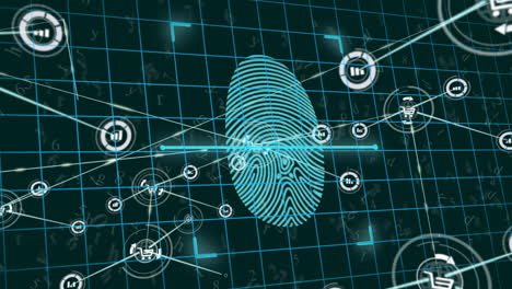 Animation-of-biometric-fingerprint,-network-of-connections-with-icons-and-data-processing