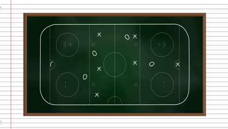 Animation-of-ice-hockey-sports-field-with-tactics-and-strategy-drawings-on-ruled-paper-background