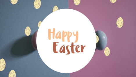 Animation-of-happy-easter-text-over-colourful-eggs-on-purple-and-blue-background
