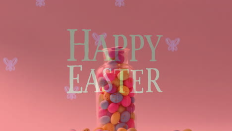 Animation-of-happy-easter-text-over-colourful-eggs-in-jar-on-pink-background