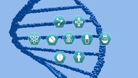 Animation-of-medical-icons-over-dna-on-blue-background