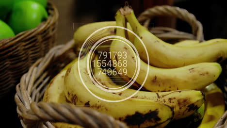 Animation-of-data-processing-on-circle-over-basket-with-bananas