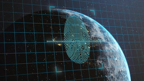 Animation-of-biometric-fingerprint-and-connection-with-padlocks-over-globe-and-dark-background