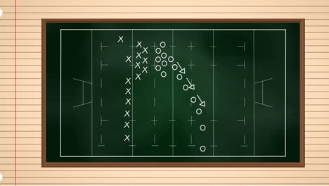 Animation-of-rugby-sports-field-with-tactics-and-strategy-drawings-on-ruled-paper-background