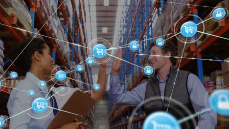Animation-of-network-of-connections-with-shopping-trolley-icons-and-diverse-people-in-warehouse