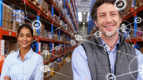 Animation-of-network-of-connections-over-diverse-workers-smiling-in-warehouse