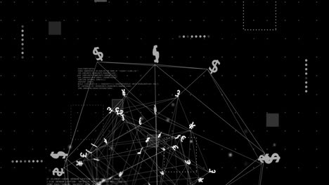 Animation-Eines-Netzwerks-Globaler-Währungssymbole-über-Der-Datenverarbeitung-Auf-Schwarzem-Hintergrund