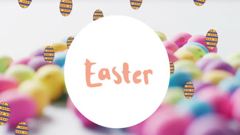 Animation-of-easter-text-over-colourful-easter-eggs-on-white-background