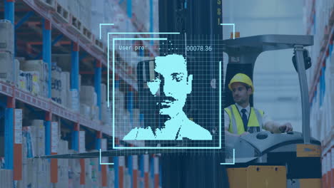 Animation-of-digital-data-processing-over-biracial-man-working-in-warehouse