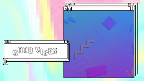 Animation-of-good-vibes-text-over-computer-screens-and-vibrant-background