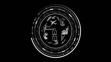Animation-of-scope-with-icons-and-data-processing-over-black-background