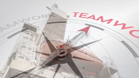 Animation-of-compass-with-arrow-pointing-to-teamwork-text-over-ship
