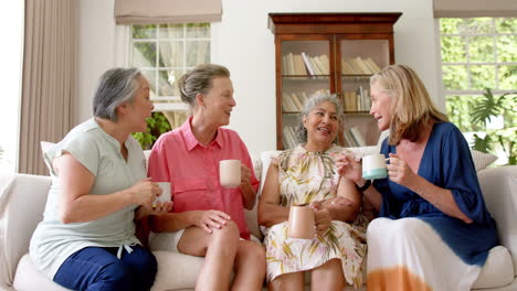 Eine-Gruppe-Hochrangiger,-Vielfältiger-Frauen-Lacht-Gemeinsam-In-Einem-Häuslichen-Umfeld