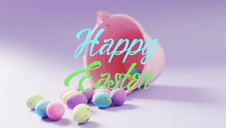 Animation-of-happy-easter-text-over-colourful-easter-eggs-and-pink-bucket-on-purple-background