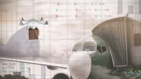 Animation-Der-Verarbeitung-Finanzieller-Daten-über-Einer-Drohne-Mit-Einer-Box-Per-Flugzeug