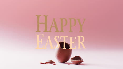 Animation-of-happy-easter-text-over-cracked-chocolate-easter-egg-on-pink-background