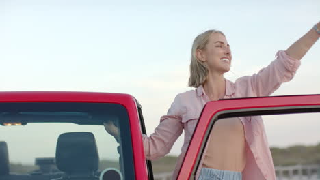 Young-Caucasian-woman-enjoys-a-moment-outdoors-on-a-road-trip,-with-copy-space
