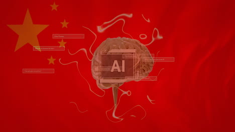 Animation-of-ai-text-on-scanner,-rotating-brain,-network-and-data-over-flag-of-china