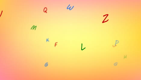 Animation-Von-Bunten-Buchstaben,-Die-Sich-über-Einen-Sanften-Orangefarbenen-Und-Gelben-Hintergrund-Bewegen