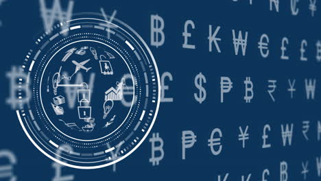 Animation-of-currency-symbols-and-globe-on-dark-background