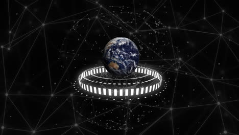 Animation-Eines-Globus-Mit-Symbolen-Und-Datenverarbeitung-Auf-Schwarzem-Hintergrund