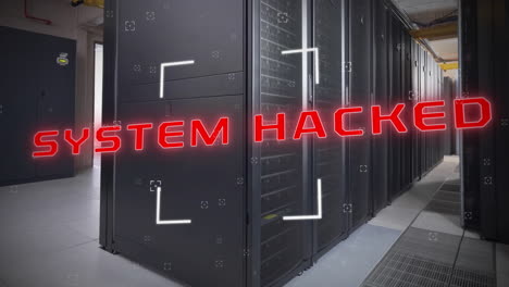 Animation-of-system-hacked-text-and-digital-data-processing-over-computer-servers