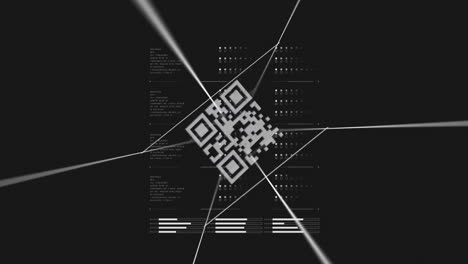 Animation-of-qr-code-and-digital-data-processing-over-black-background