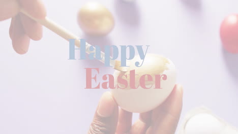 Animation-of-happy-easter-text-over-woman-painting-easter-eggs-on-purple-background