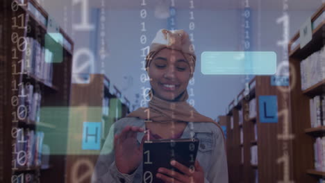 Animation-Von-KI-Text-Und--Daten-über-Einer-Gemischtrassigen-Studentin-Im-Hijab-Mit-Tablet