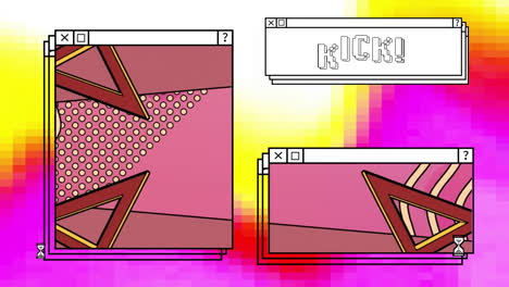 Animation-Von-Kick-Text-Und-Computerbildschirmen-über-Neonfarbenem-Musterhintergrund