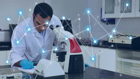 Animation-of-network-of-connections-over-biracial-male-scientist-in-laboratory