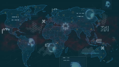 Animation-Der-Digitalen-Datenverarbeitung-über-Einer-Weltkarte-Auf-Dunklem-Hintergrund