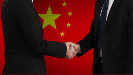 Animation-of-two-caucasian-businessmen-shaking-hands-over-flag-of-china