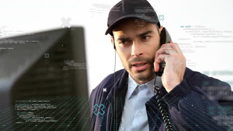 Animation-of-data-processing-over-caucasian-security-man-using-phone-and-monitor