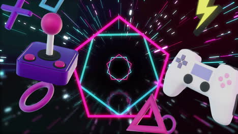 Animation-of-game-controllers-and-icons-over-neon-hexagons-and-lights-on-black-background