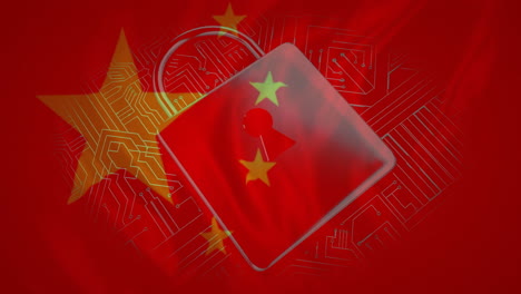 Animation-of-padlock-icon-and-motherboard-network-over-flag-of-china