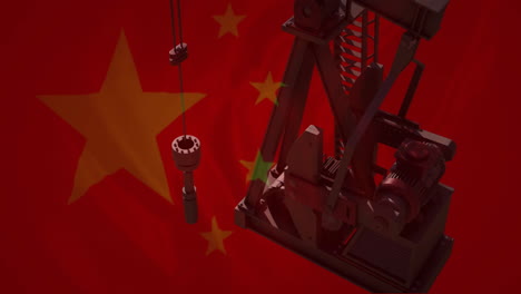 Animation-of-pumping-oil-derrick-over-flag-of-china