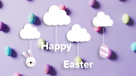 Animation-of-happy-easter-text-over-clouds-with-colourful-easter-eggs-on-purple-background
