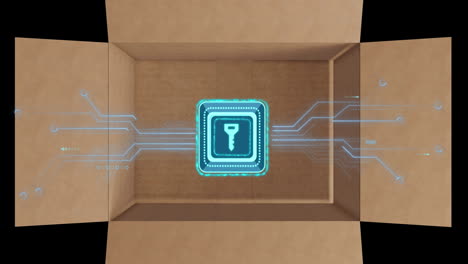 Animation-of-data-processing-and-key-icon-with-circuit-board-over-cardboard-box