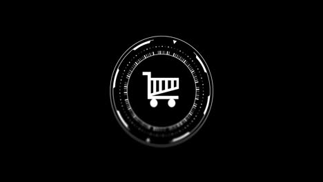 Animation-of-scope-with-shopping-trolley-icon-and-data-processing-over-black-background