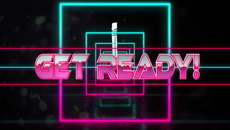Animation-of-get-ready-text-in-pink-metallic-letters-over-pink-and-blue-neon-squares-on-black