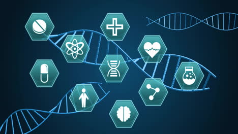 Animation-of-medical-icons-over-dna-strands-on-blue-background