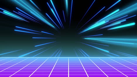 Animation-of-strobing-blue-and-pink-neon-light-beams-over-grid-on-dark-background